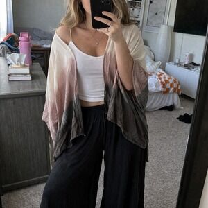 Landry Kimono Womens One Size Dye Ombre Pink Grey Cream Open Front Cardigan BOHO